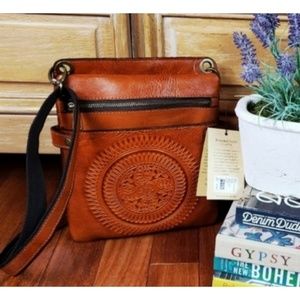 Burnished Tooled Leather Crossbody Bag